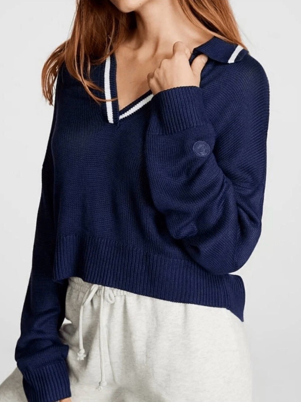 Pink Cambridge relaxed V-Neck Collared Sweater - Navy